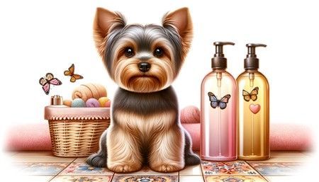 Yorkshire Terrier with Grooming Bathing Items