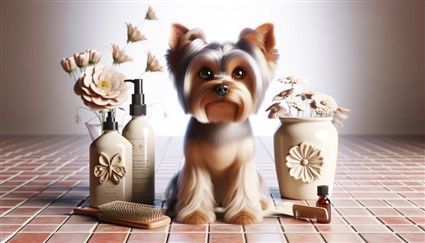 Yorkshire Terrier with Grooming Products