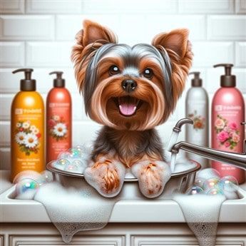 Yorkie bath with shampoo