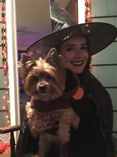 Yorkie and owner in Halloween costumes