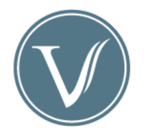 The letter v is in a blue circle on a white background.