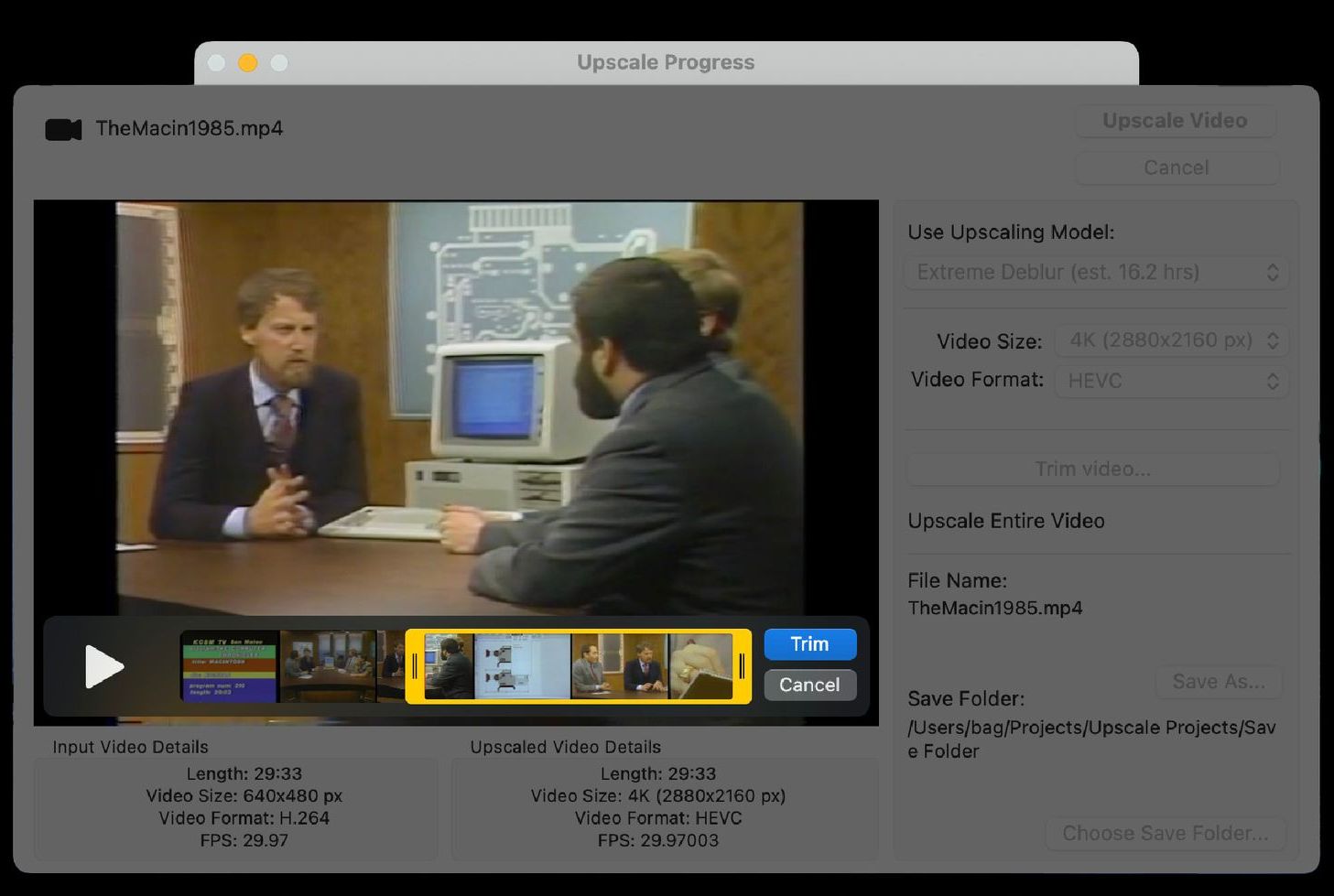 Image of video being trimmed within Video Upscaler.