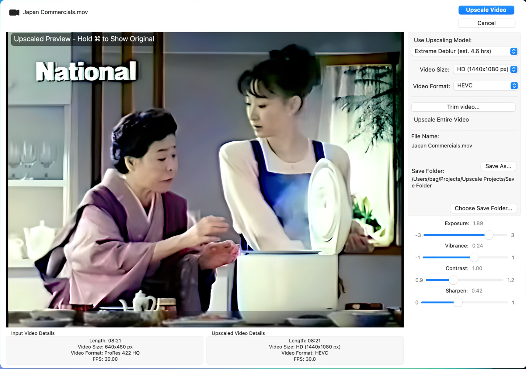 Interactive preview of upscaled movie image.