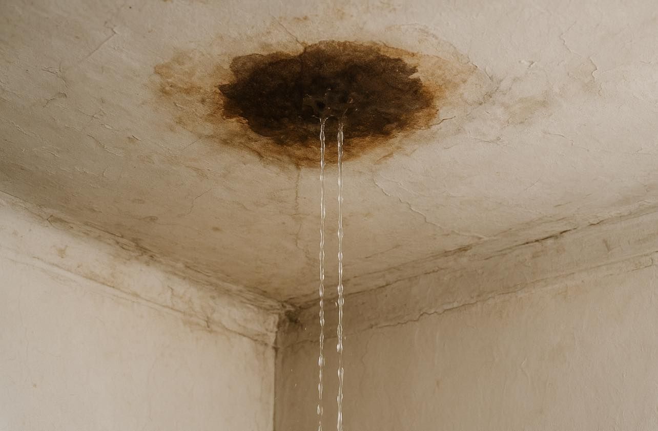 Water stains and dripping water from a stained ceiling in the corner of a room.
