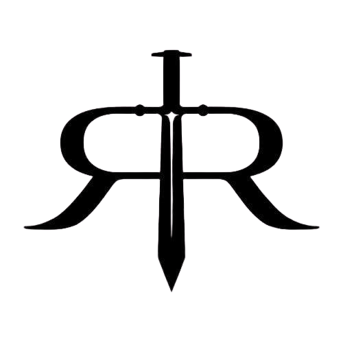 Two mirrored letter "R" with a sword through the center.