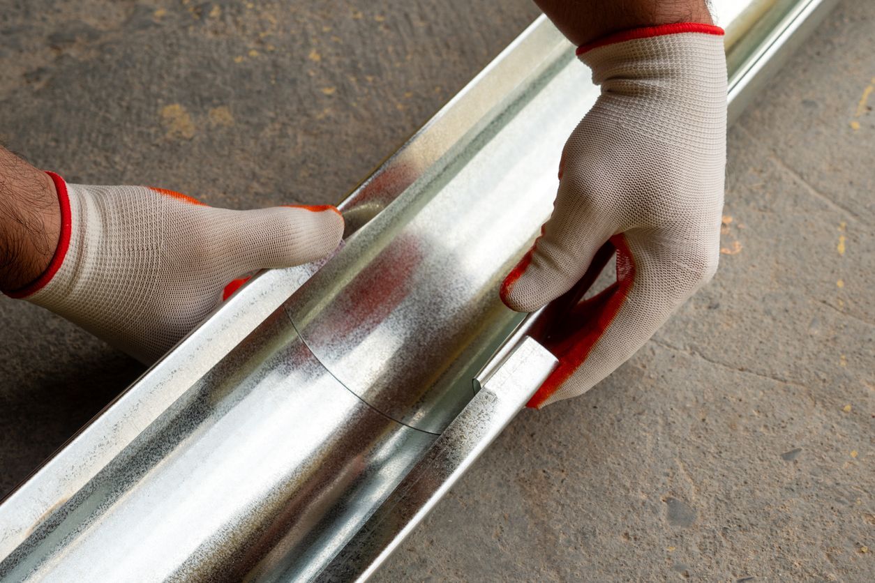 Hands in work gloves assembling a galvanized metal gutter section.