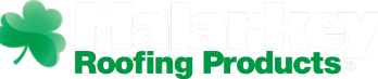 Logo for Malarkey Roofing Products with a green shamrock and green text.