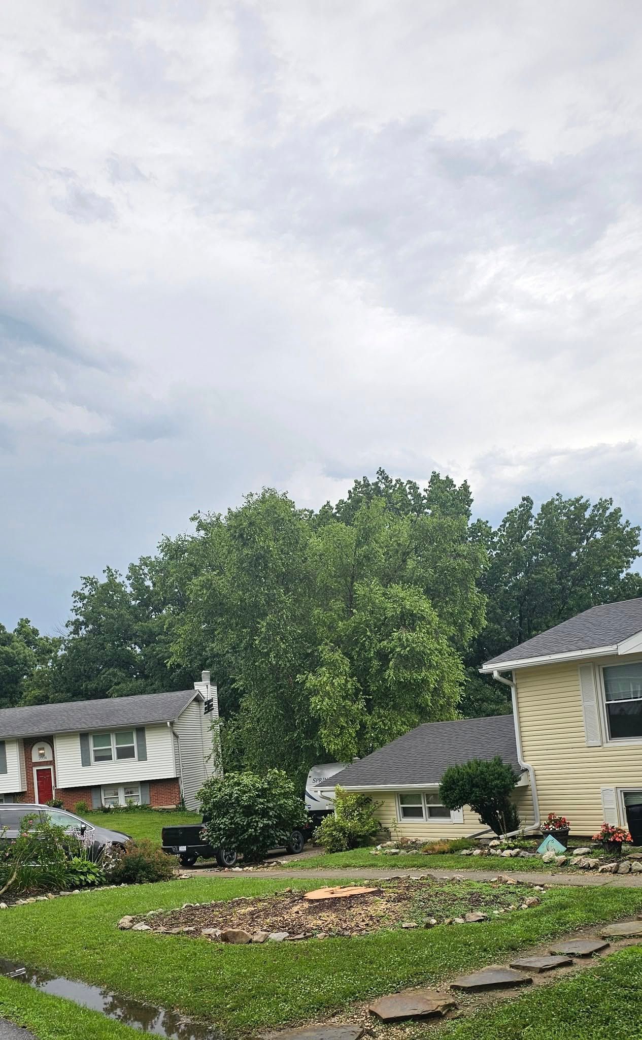A house is sitting in the middle of a lush green field.