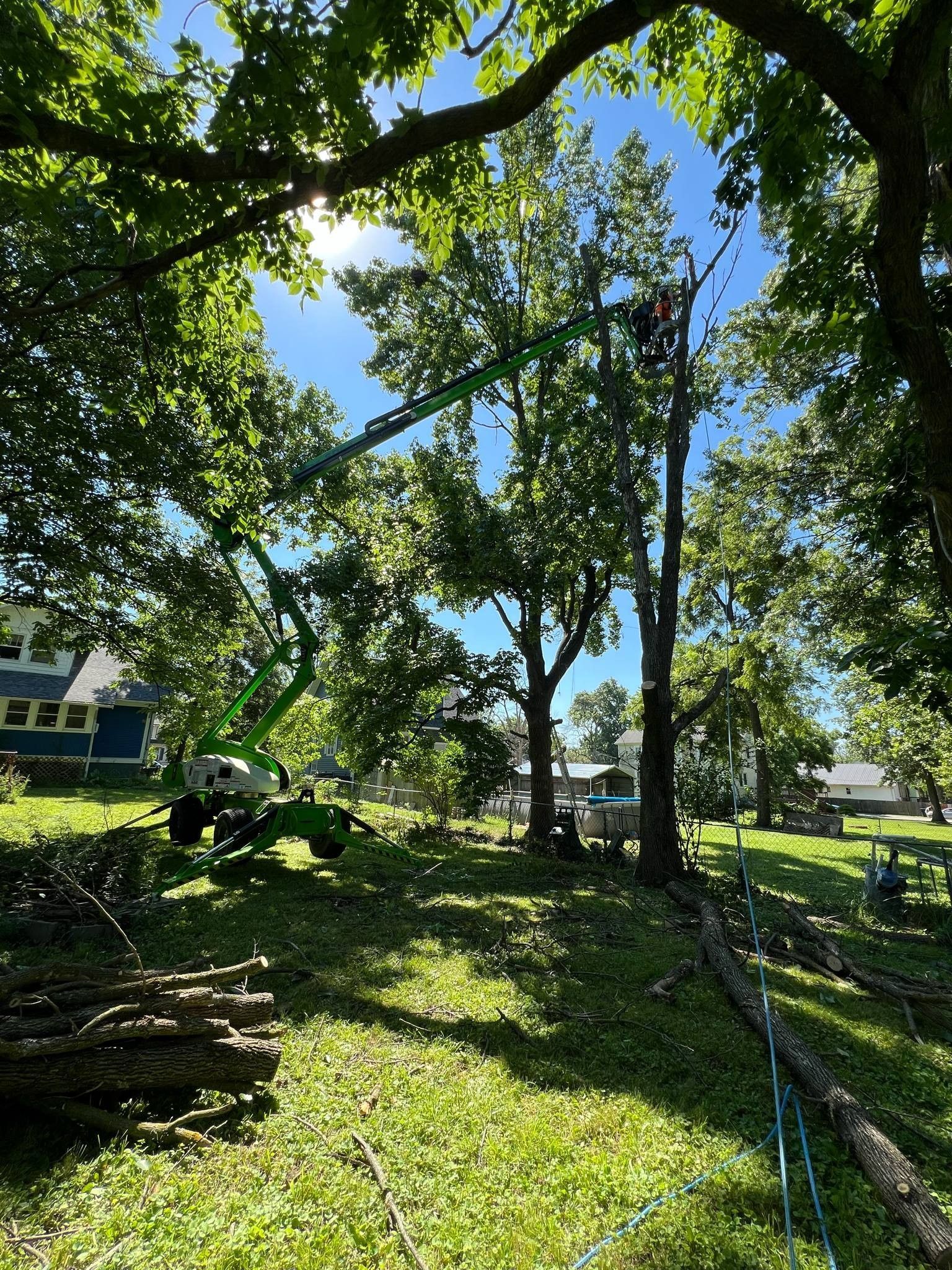 A man is cutting a tree with a crane in a yard.