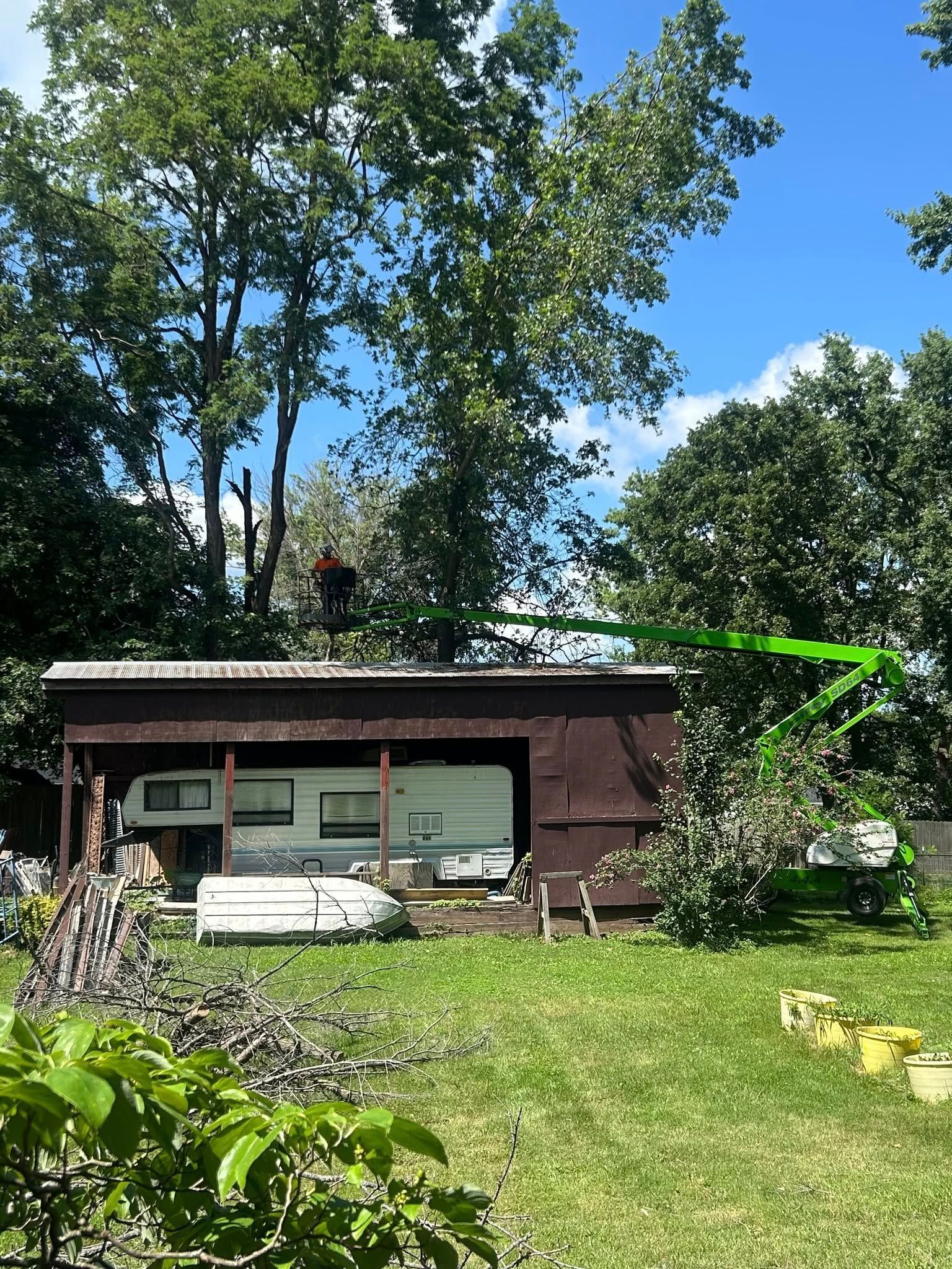 A man is cutting a tree in front of a garage.