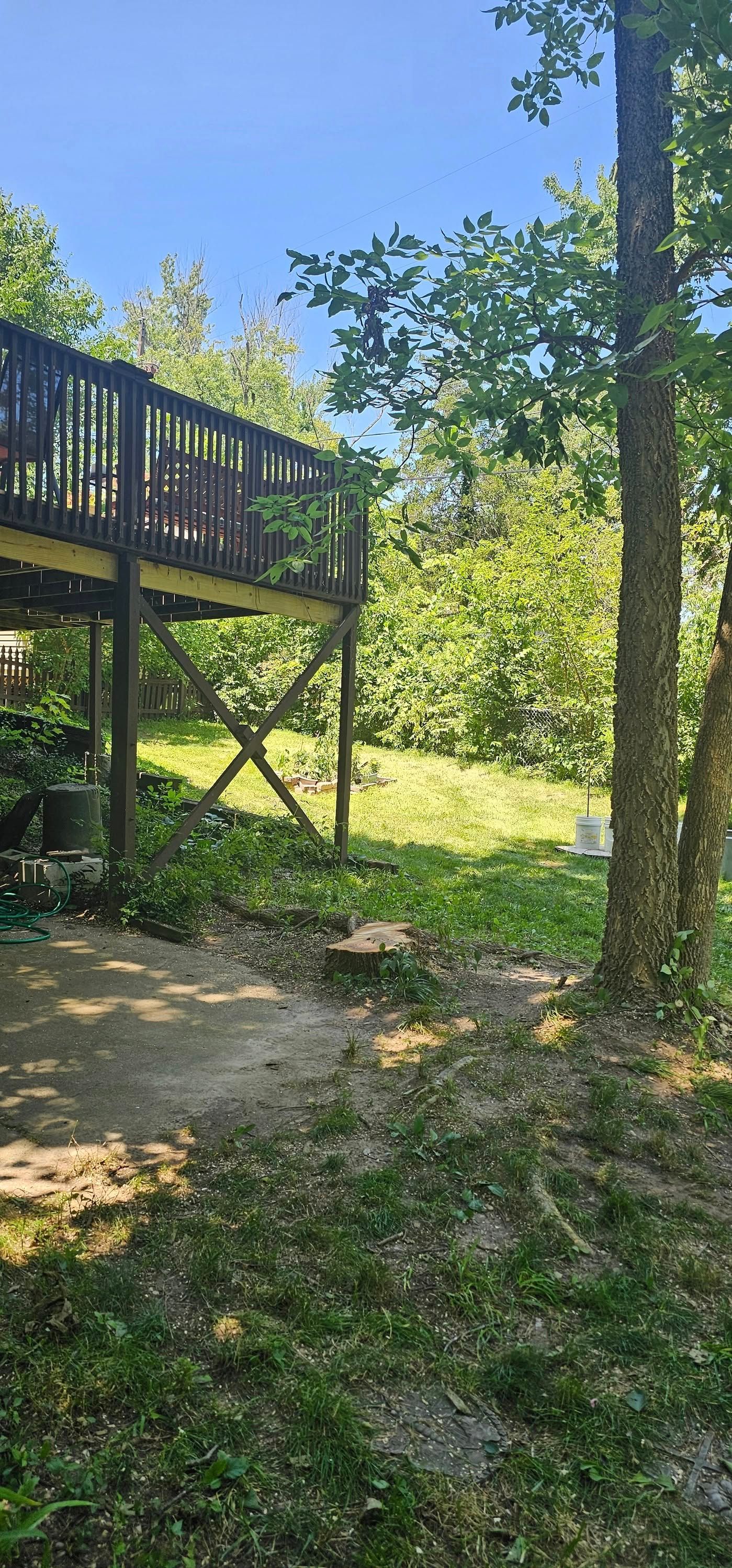 There is a deck in the middle of the yard surrounded by trees.