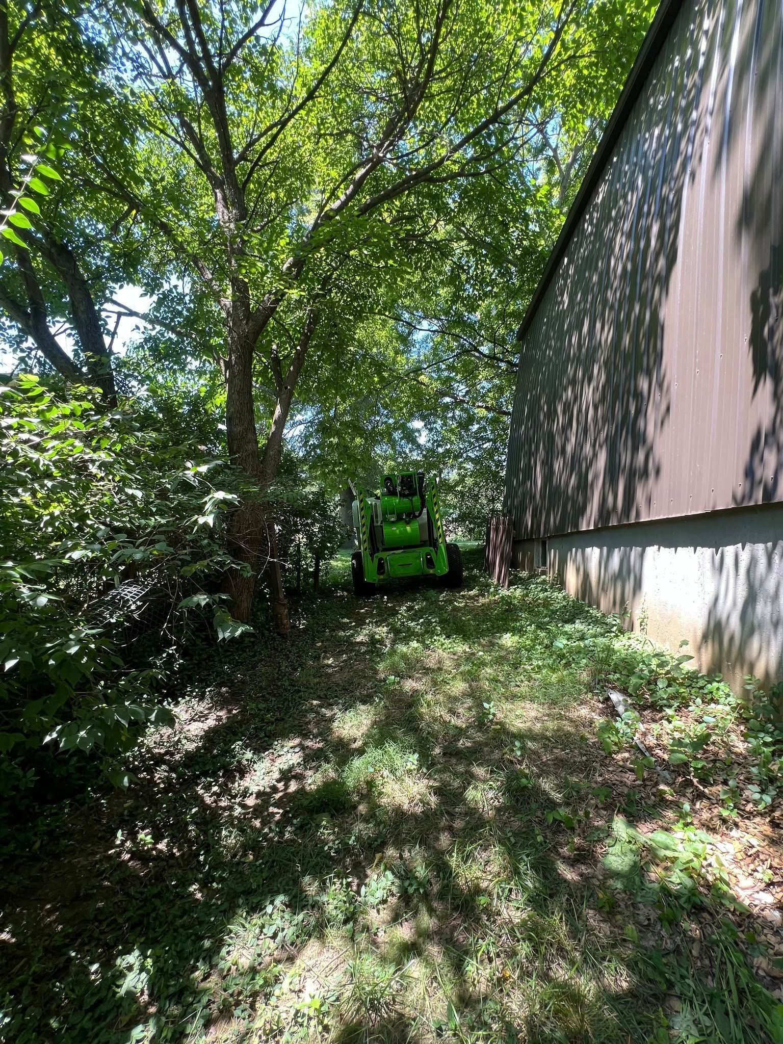 A green lawn mower is cutting grass in front of a building.