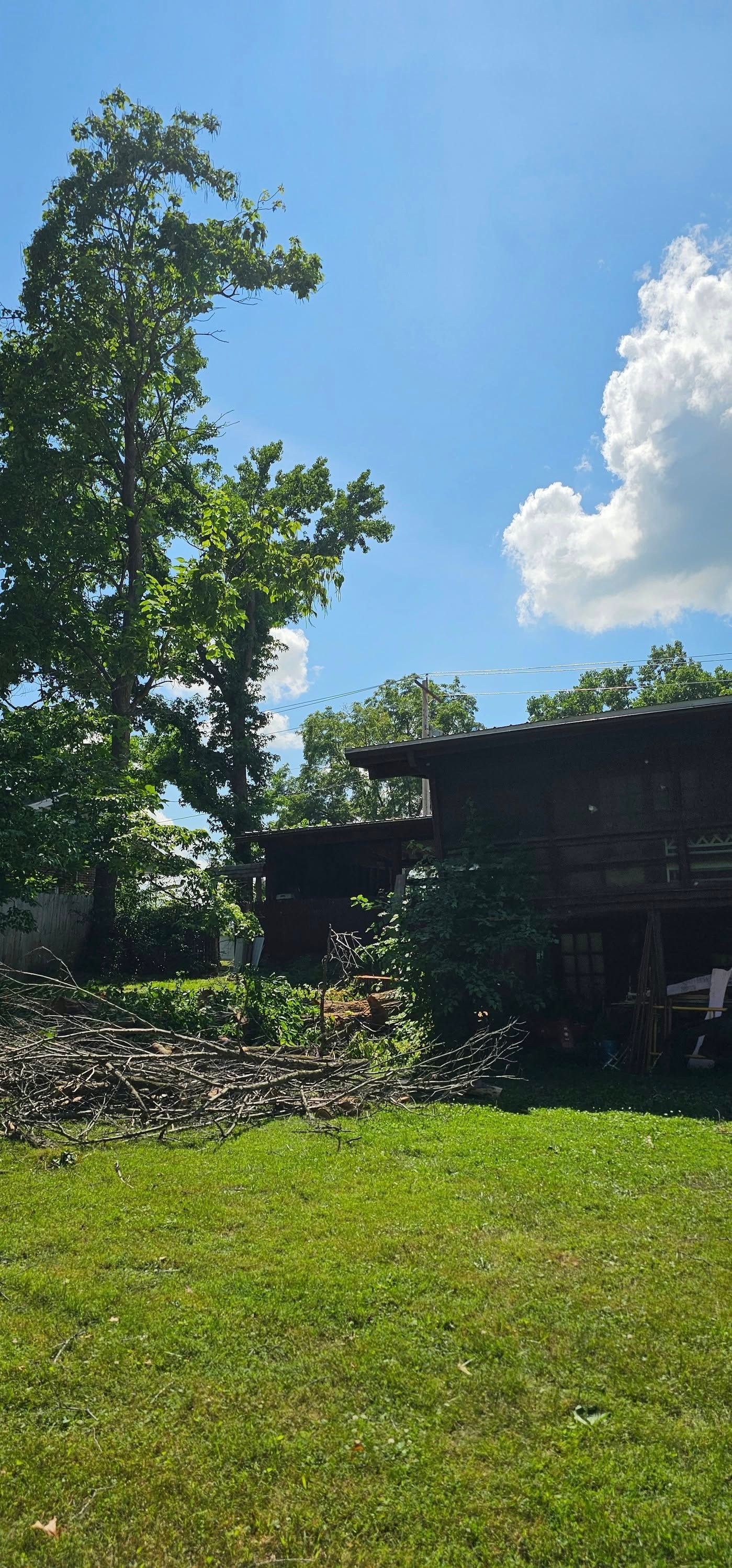 A house is sitting on top of a lush green field.