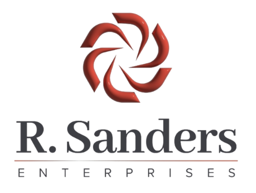 A logo for r. sanders enterprises with a red flower