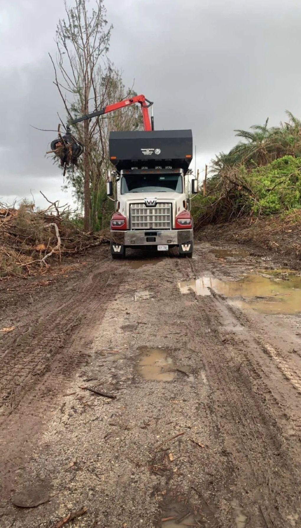 A white truck is driving down a muddy road.