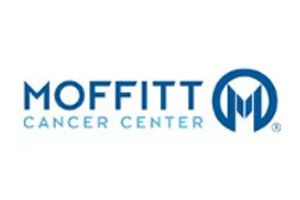 The moffitt cancer center logo is blue and white