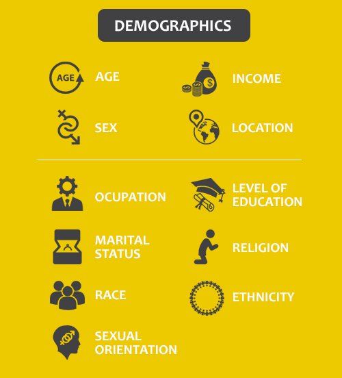 White text on a yellow background lists the various demographic factors that influence targeting the right audiences via digital marketing campaigns.