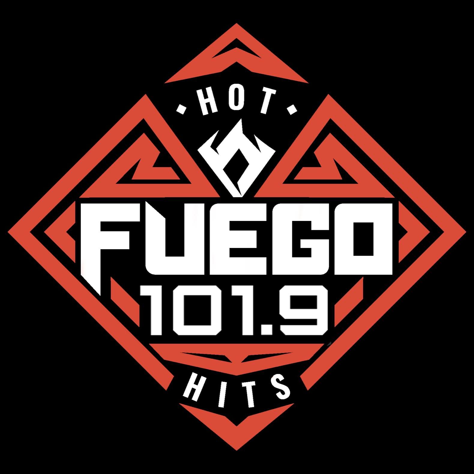 A logo for fuego 101.9 hits on a black background