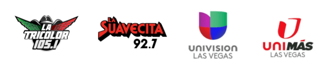 A row of logos including suavecita 92.7 and univision las vegas