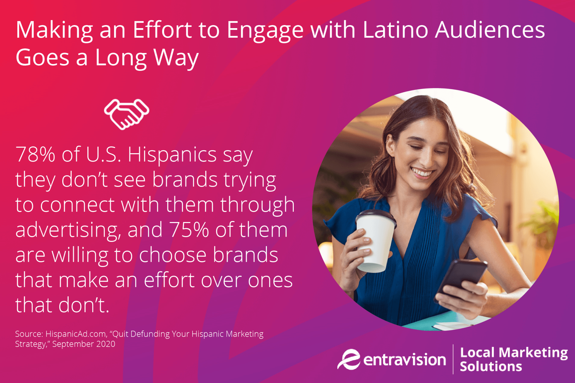 A pink and purple background with a picture of a woman looking at her phone details why it's important to make an effort to engage with Latino audiences.