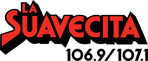 A red and black logo for la suavecita 106.9 / 107.1