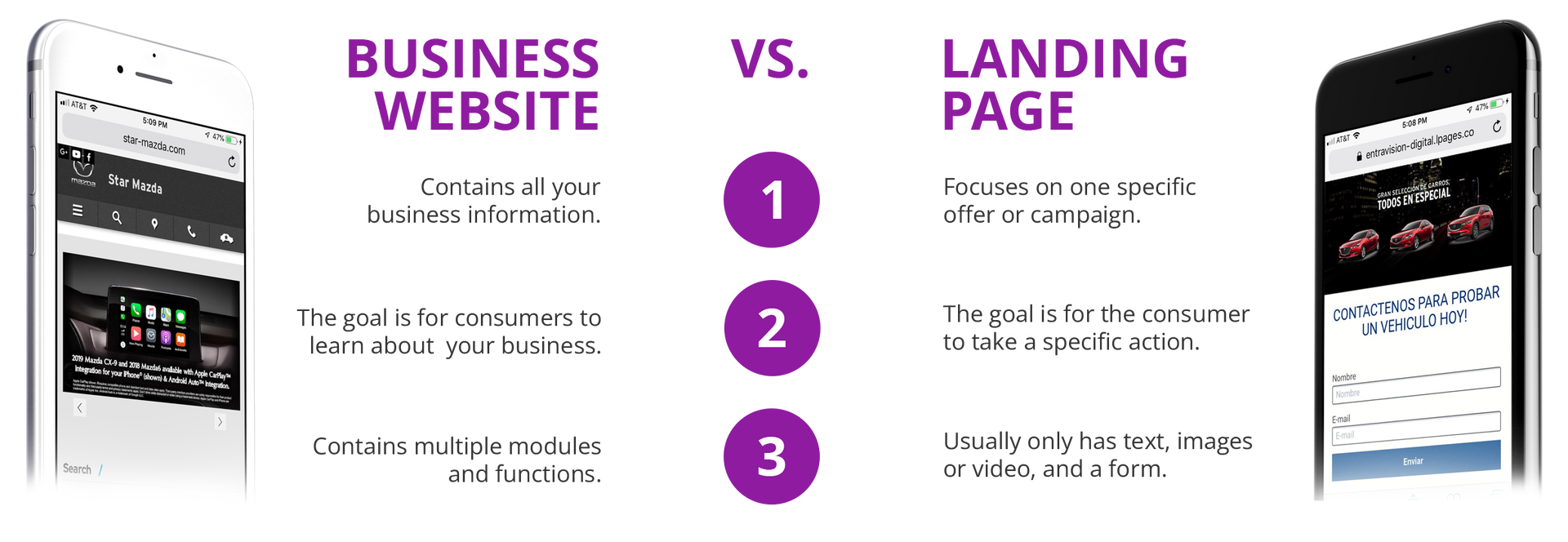 A comparison of a business website and a landing page