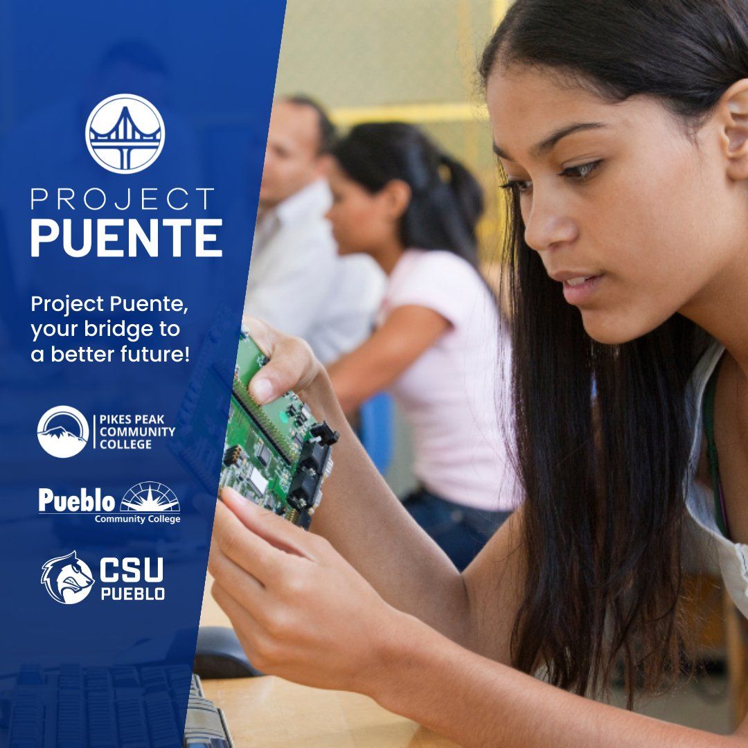 A poster for project puente shows a woman working on a computer