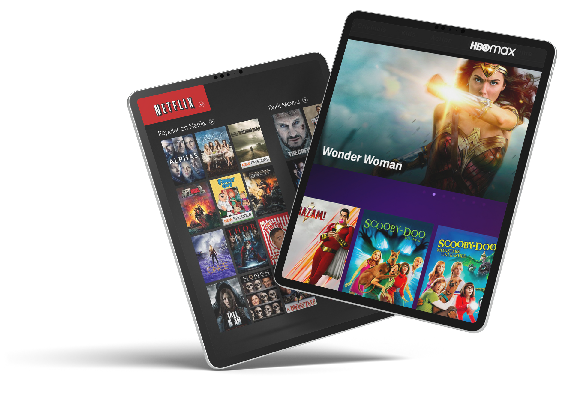 Tablets with netflix and hbomax logos
