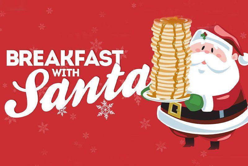 Santa claus is holding a stack of pancakes on a red background.