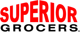 The logo for superior grocers is red and black on a white background.