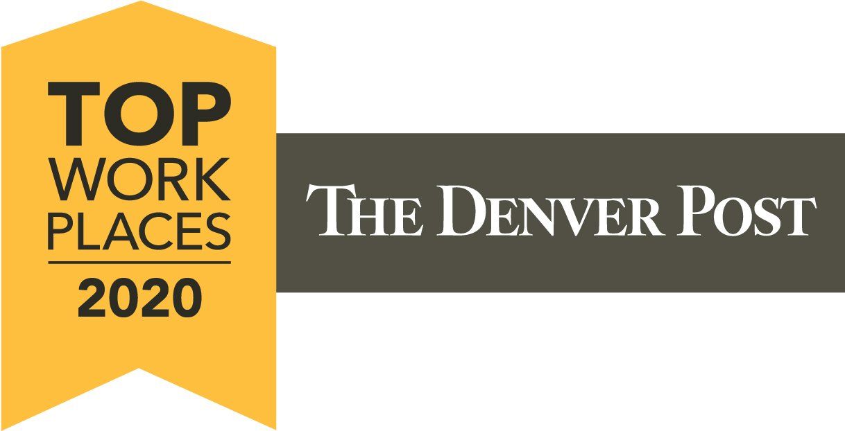 A logo for the denver post top work places 2020.