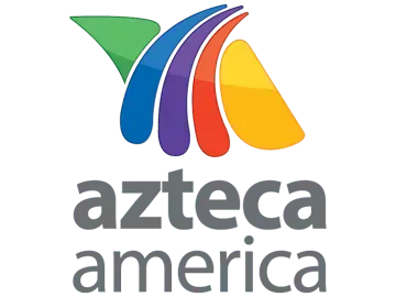 The azteca america logo has a rainbow of colors on it