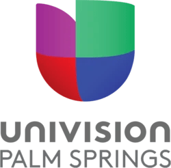 A logo for univision palm springs with a purple green and blue u