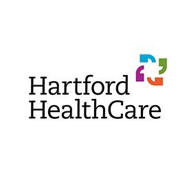 The hartford healthcare logo has a colorful cross on it.