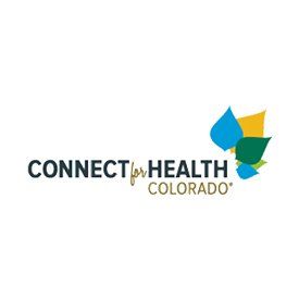 The logo for connect for health colorado is a blue , yellow , and green logo.