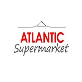 The logo for atlantic supermarket is red and white and has a shopping bag on it.