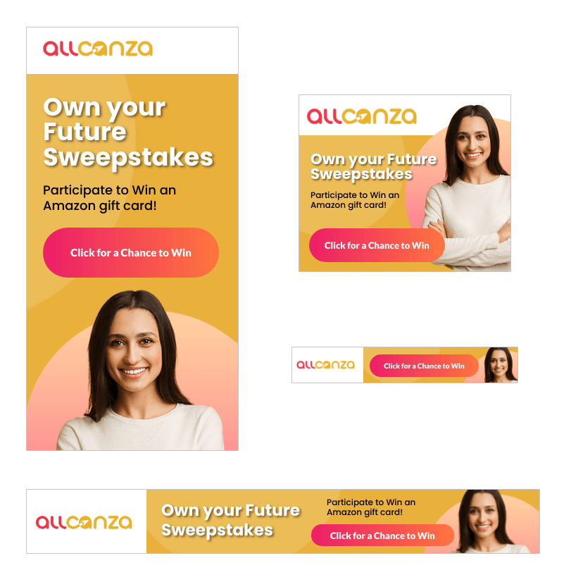 A woman is standing in front of a sign that says `` own your future sweepstakes ''.