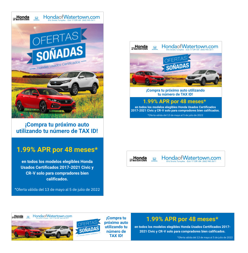 A set of advertisements for honda watertown in spanish