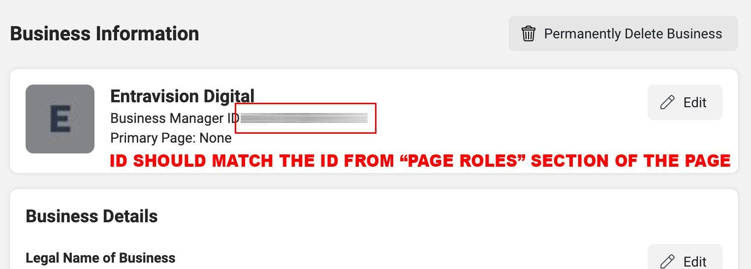 A screenshot of a business information page that says id should match the id from page roles section of the page