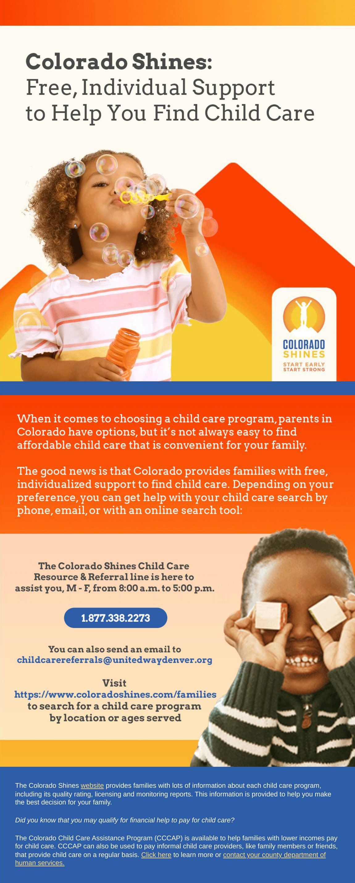 A child is blowing bubbles on a poster that says colorado shines