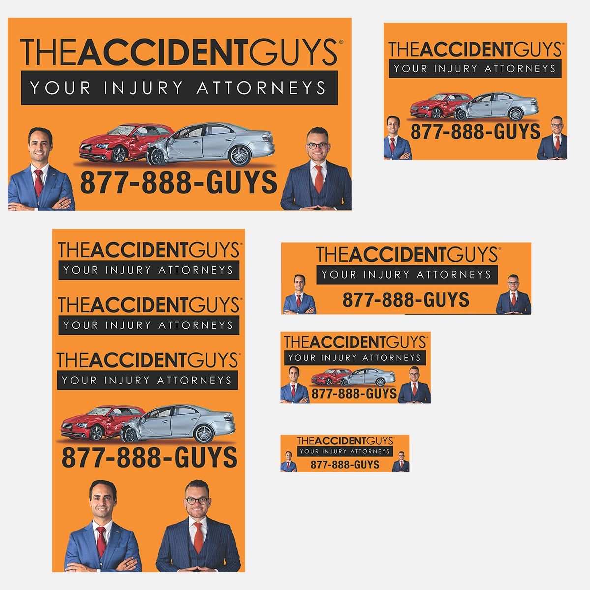 A set of advertisements for the accident guys your injury attorneys