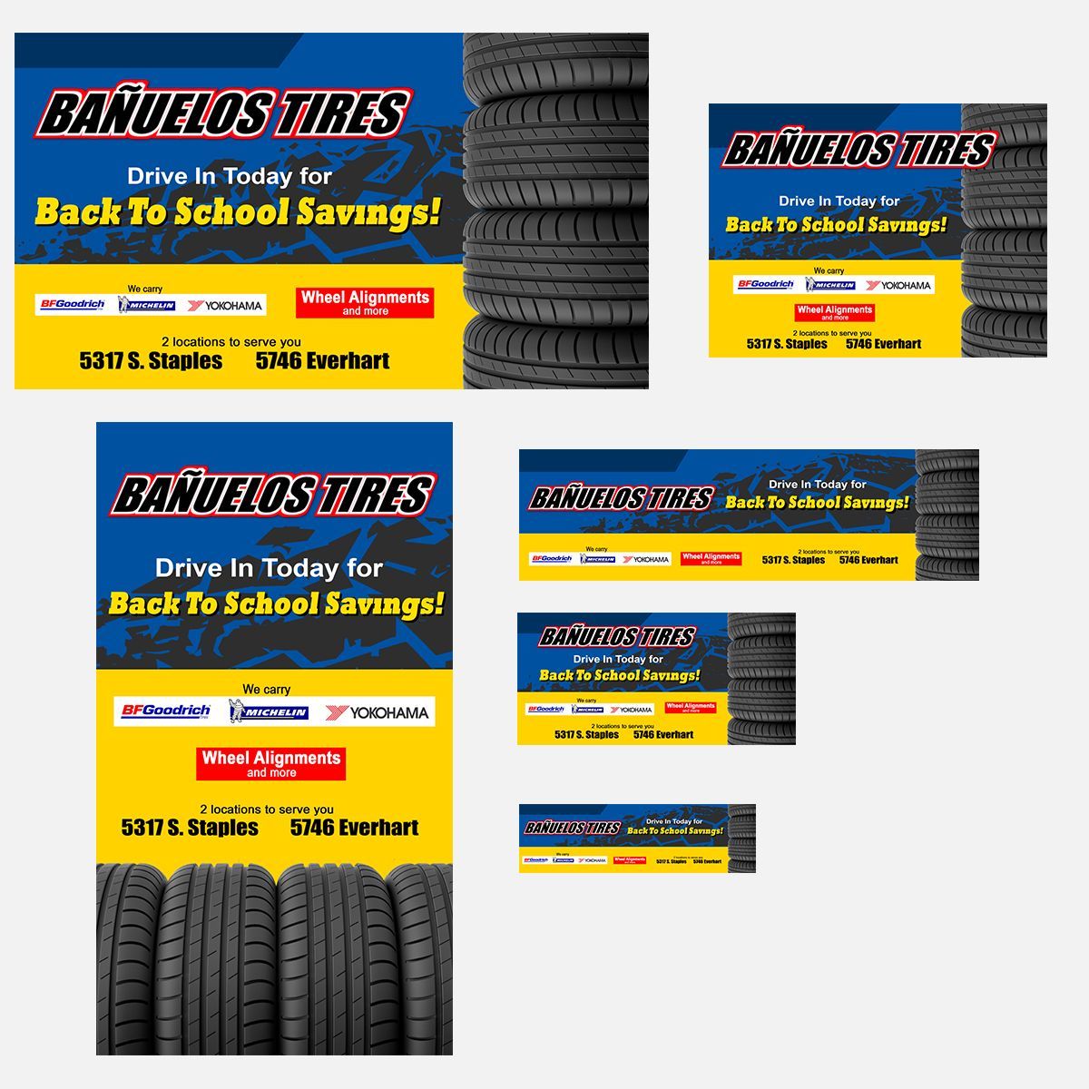 A bunch of banners for banuelos tires that say drive in today for back to school savings