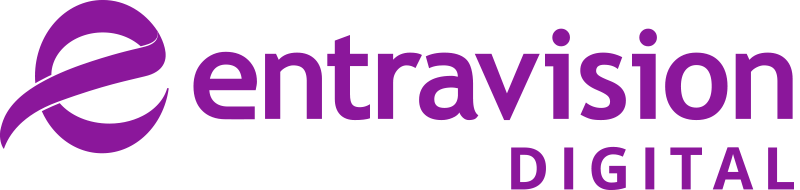 The logo for entravision digital is purple and white