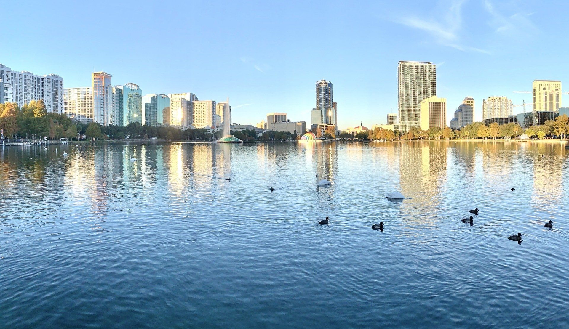 A skyline image of Orlando's business buildings sits on a body of water with clear blue skies.