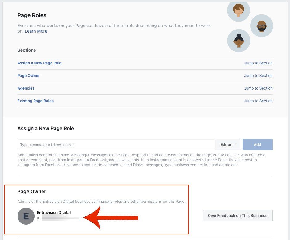 A screenshot of a facebook page with a red arrow pointing to the page owner.