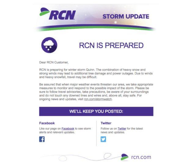 An email marketing campaign from internet service provider RCN reminds customers of power safety during stormy weather. Checking in on customers can be a great way for email marketing campaigns to  build brand loyalty and provide value for consumers.