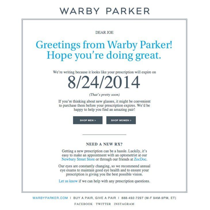 An email marketing email from Warby Parker reminds the recipient that their prescription will  expire soon, and links out to their online shop to buy a new pair.