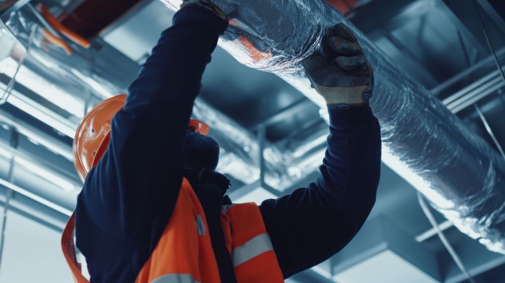 Un ouvrier du bâtiment en tenue de sécurité inspecte les conduits de CVC au-dessus.