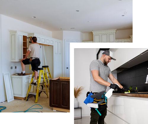 A man is fixing a sink in a kitchen.