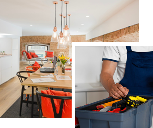 Dining area with hanging lights; a worker with a toolbox.